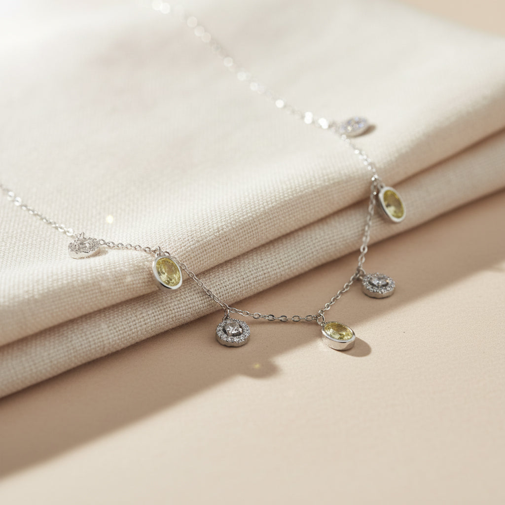 Silver Sparkling Citrine and Halo Drop Necklace