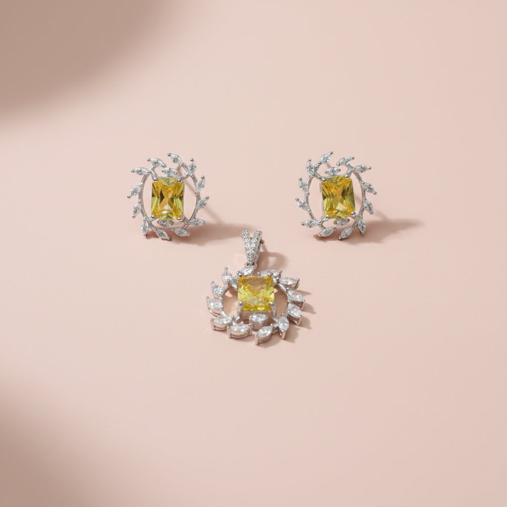Silver Yellow twilight Marquise stone Pendant set