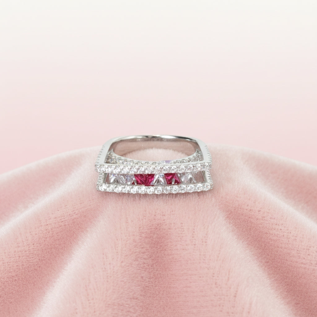 Silver Daisy Pink Double Band Ring For Her