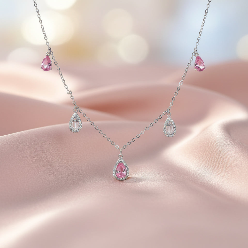 Silver Pink Stone Tear Drop Necklace