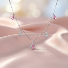 Silver Pink Stone Tear Drop Necklace