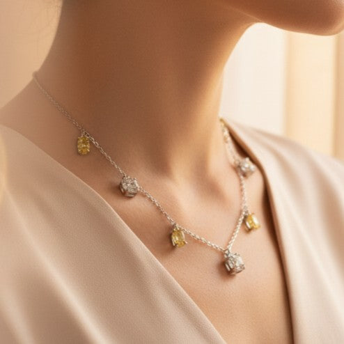 Silver Yellow and white CZ stones in Emerald cut Necklace