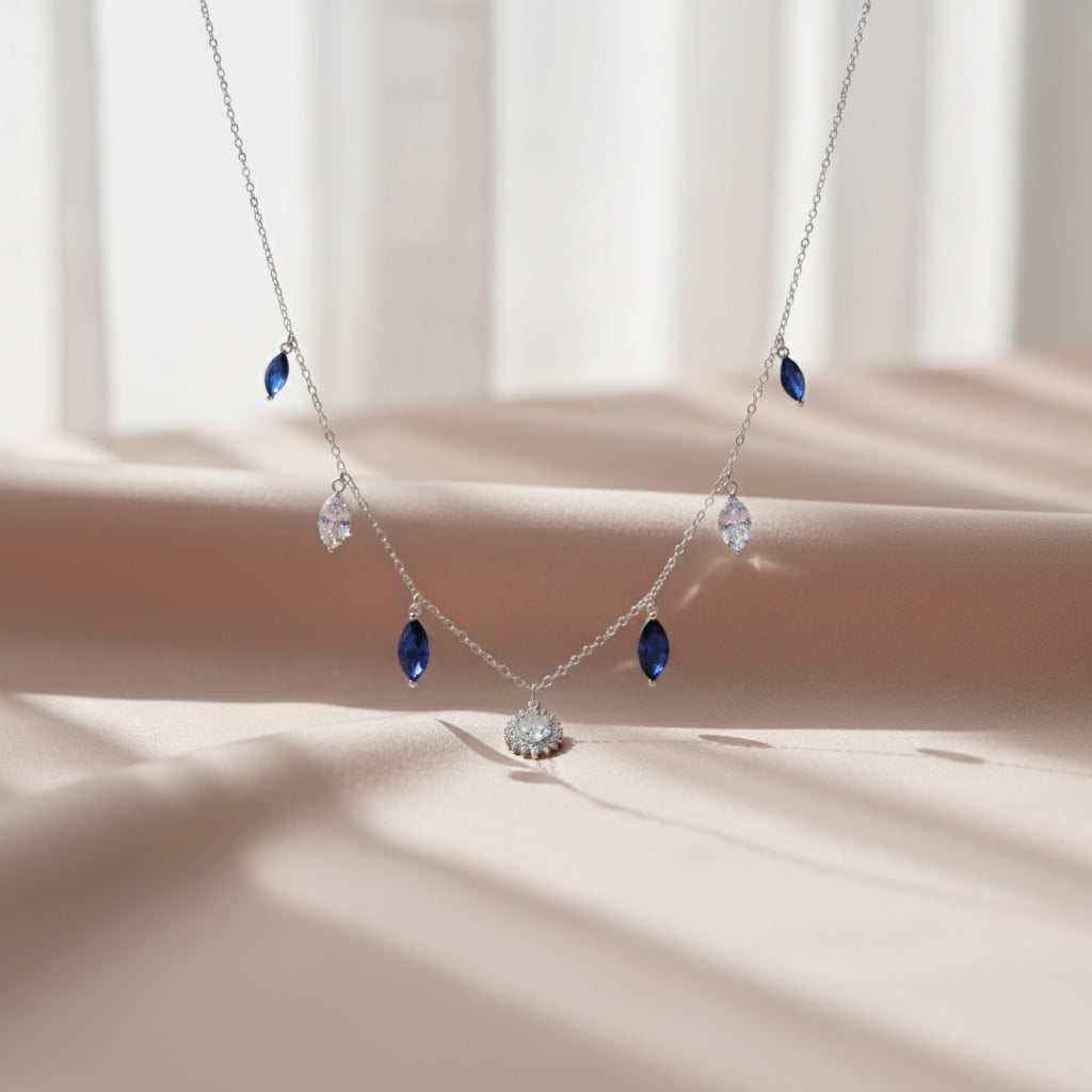 Silver Cascading Blue Marquise Drop Necklace