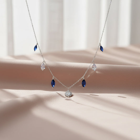 Silver Cascading Blue Marquise Drop Necklace