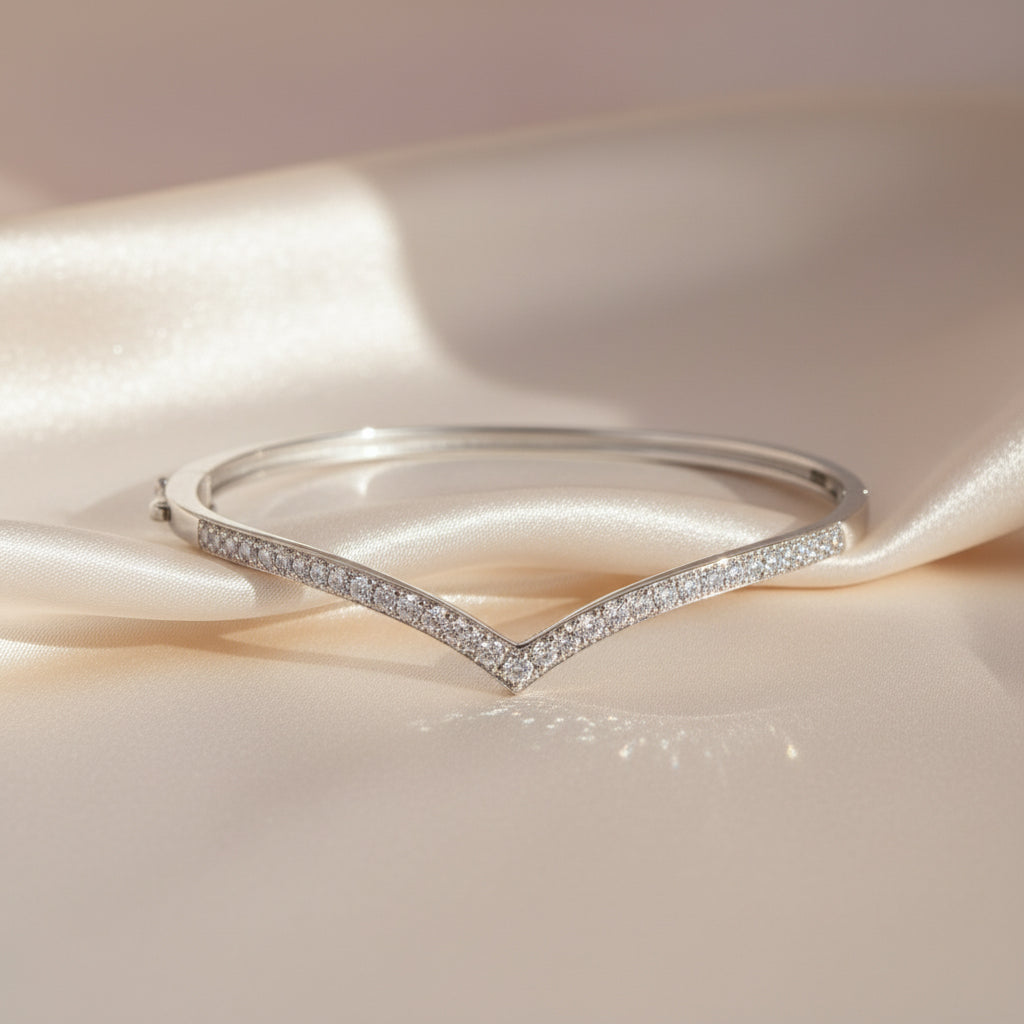 Silver Elegant V-shaped CZ Diamond studded Statement Bracelet