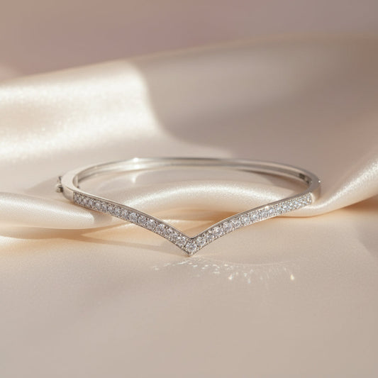 Silver Elegant V-shaped CZ Diamond studded Statement Bracelet