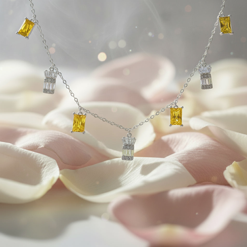 Silver Baguette Crown necklace in yellow stone for her