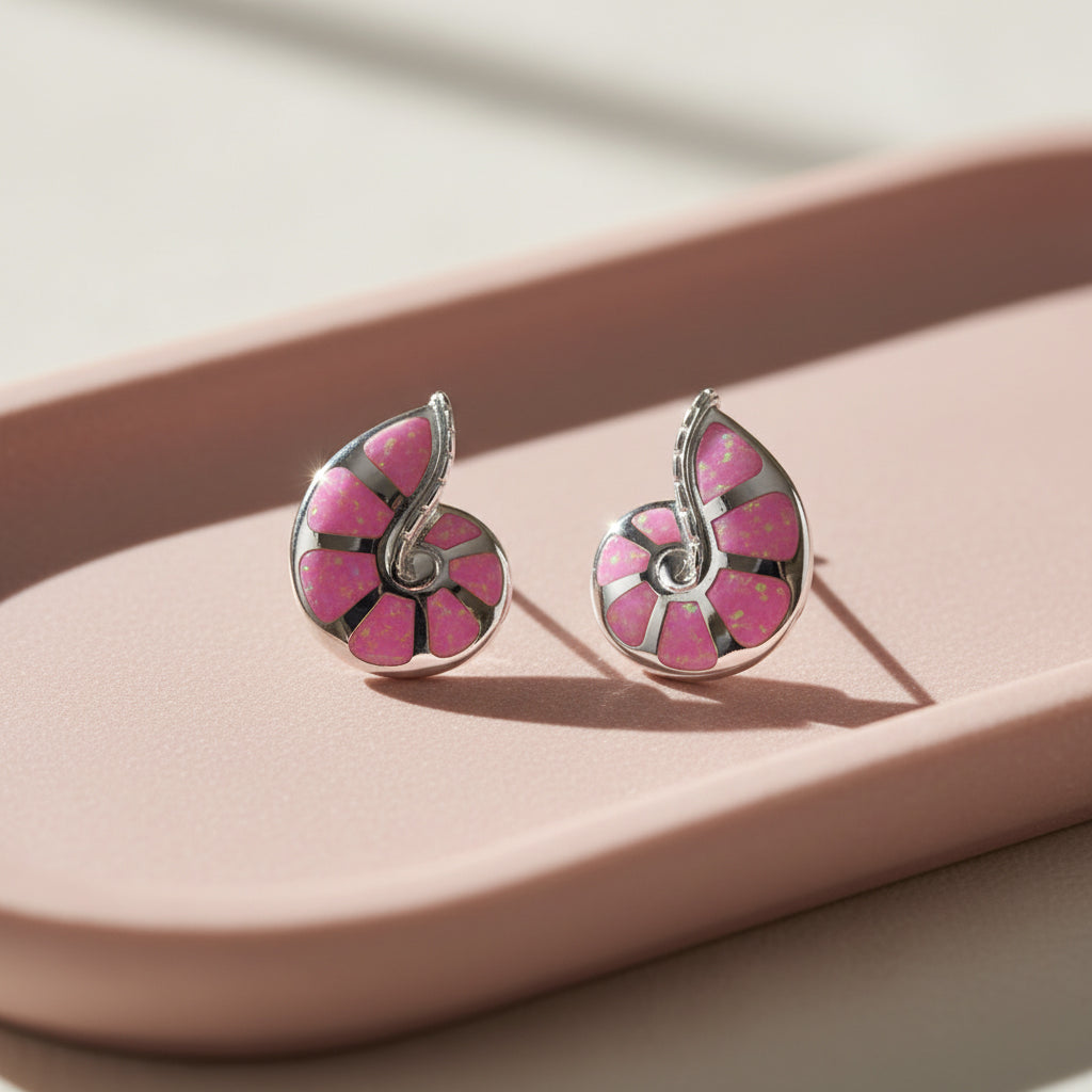 Silver Pink Paradise Nautilus Opal Stud Earrings