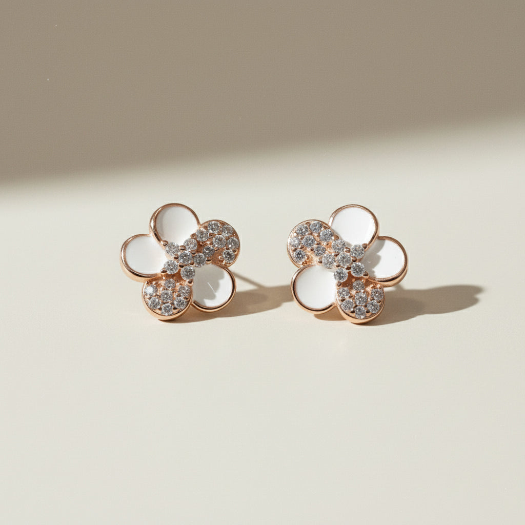 Rose Gold Small Pave Floral Earrings