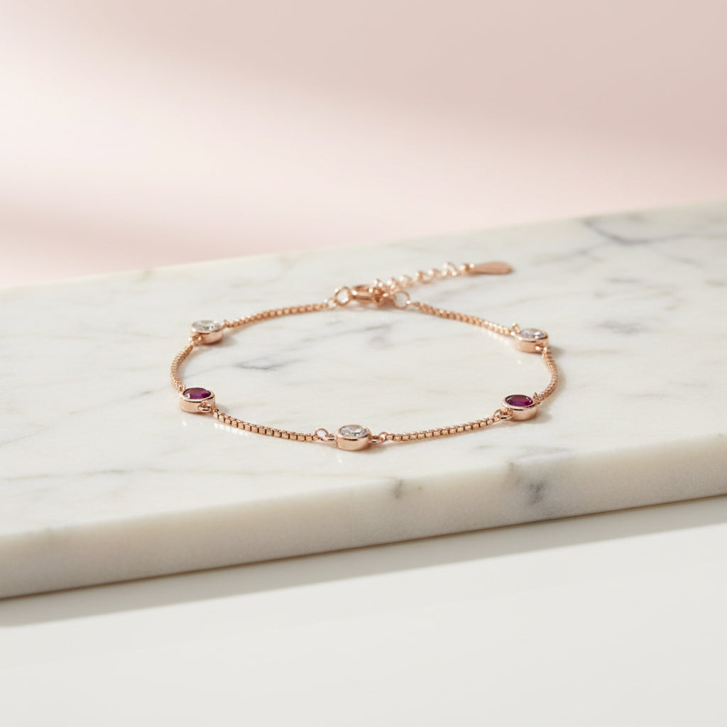 Rose gold Ruby and CZ Chain Bracelet for her