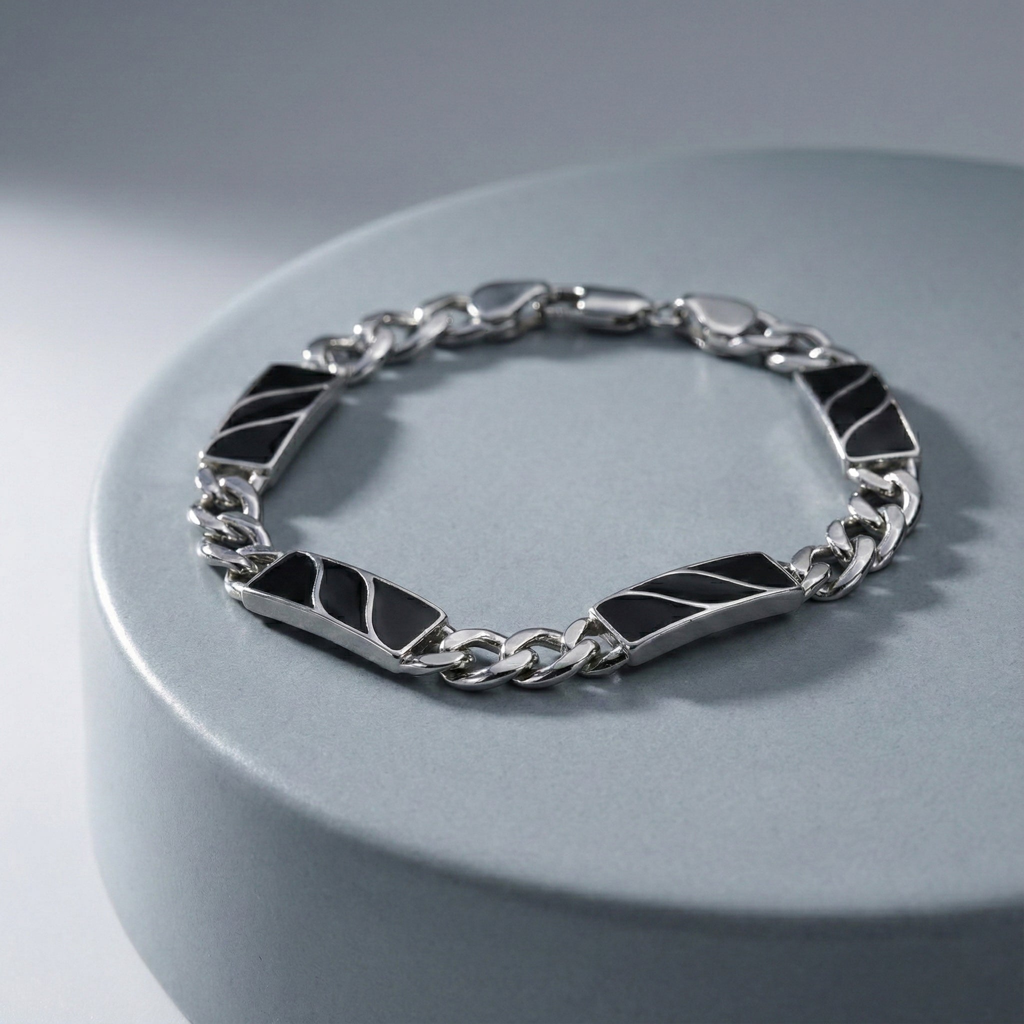 Silver Noir Wave Style Link Bracelet For Him