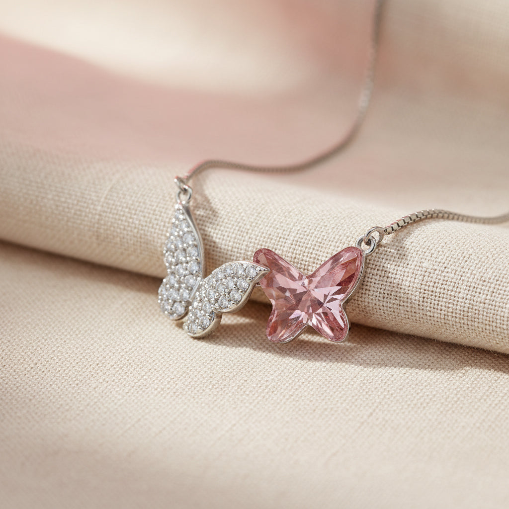 Silver Pink Blazing Butterfly Pendant