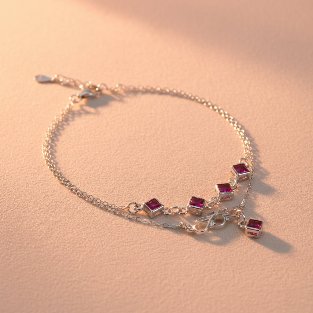 Silver Pink Double Layered Charm Bracelet with Infinity Knot