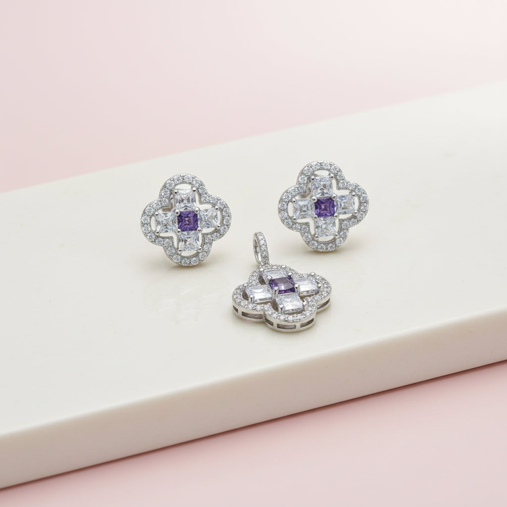 Silver Elegant Design Purple Amethyst Clover Pendant set for her