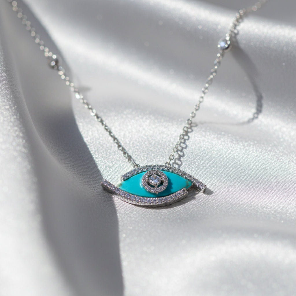 Silver Elegant Evil Eye Blue Pendant Necklace