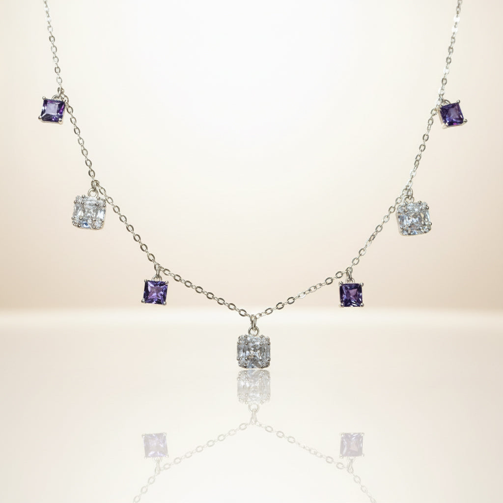 Silver Cushion Cut Purple Dangling Necklace