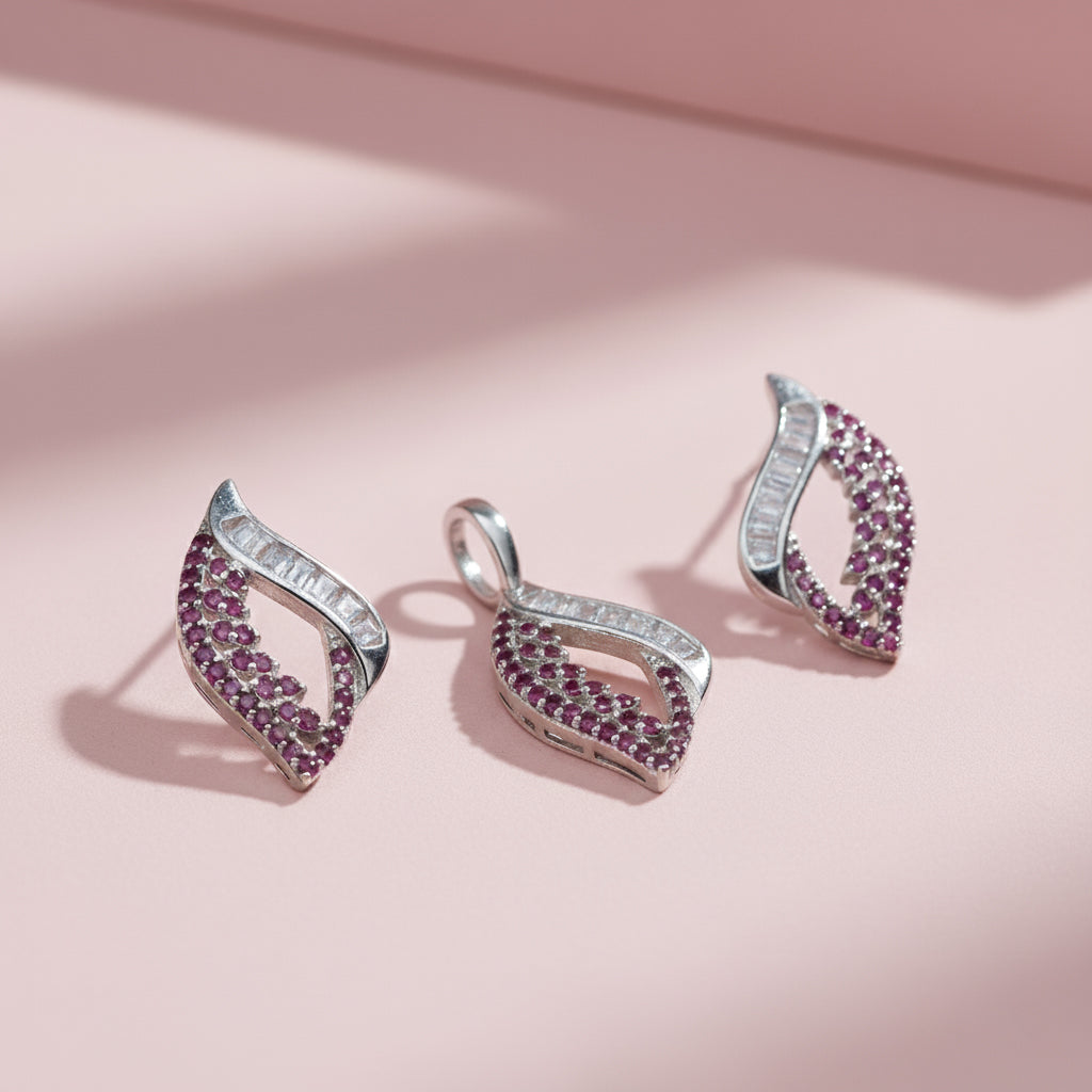 Silver Ruby Leaf Luxury Pendant & Earrings Set for her