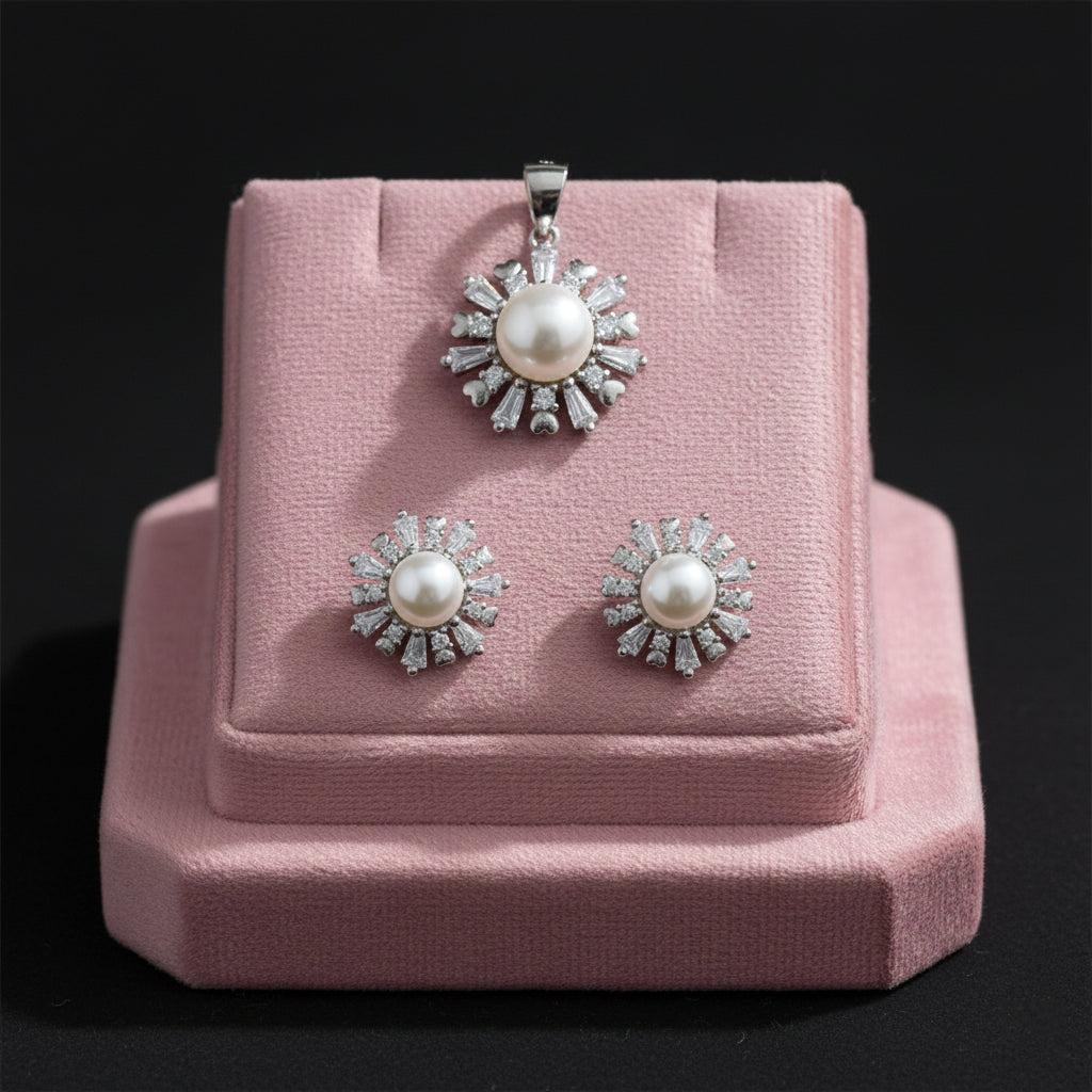 Silver Heart Radiant sunshine Pearl Pendant set