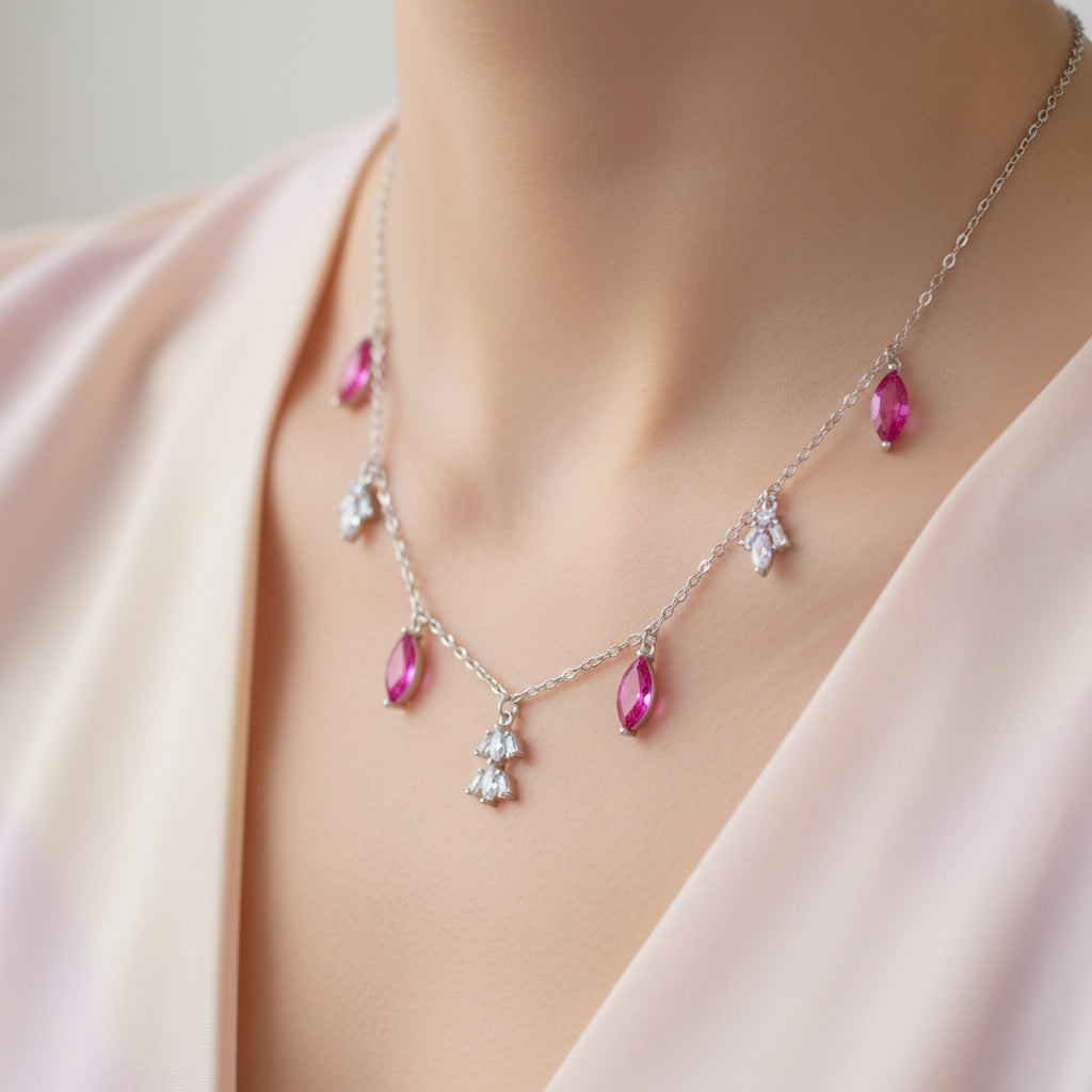 Silver Hot Pink Marquise Dangle Necklace