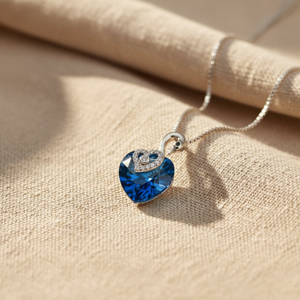 Silver Deep Blue Swan Heart Crystal Pendant