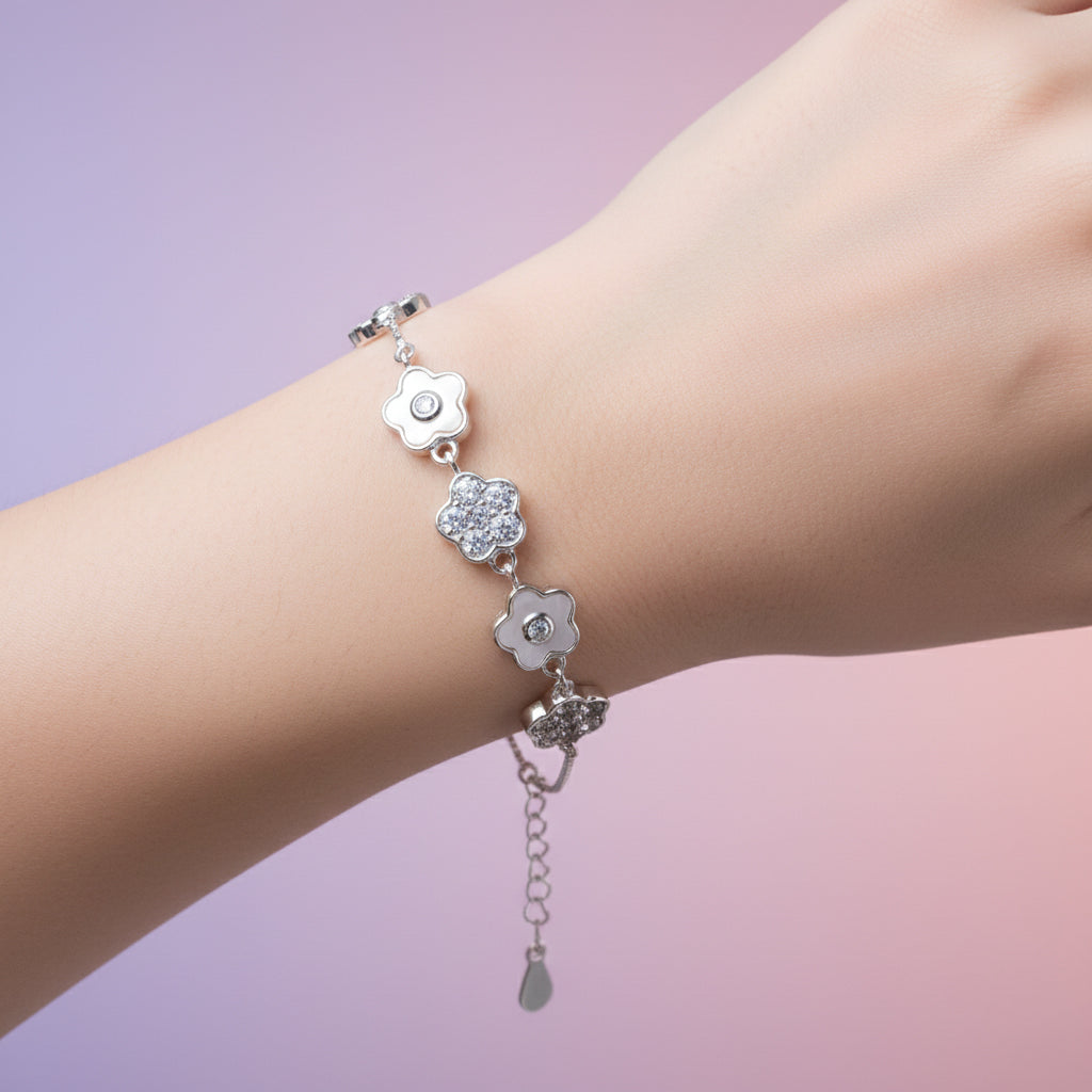 Silver Cute Flower Design Chain Bracelet With MOP & CZ Diamonds