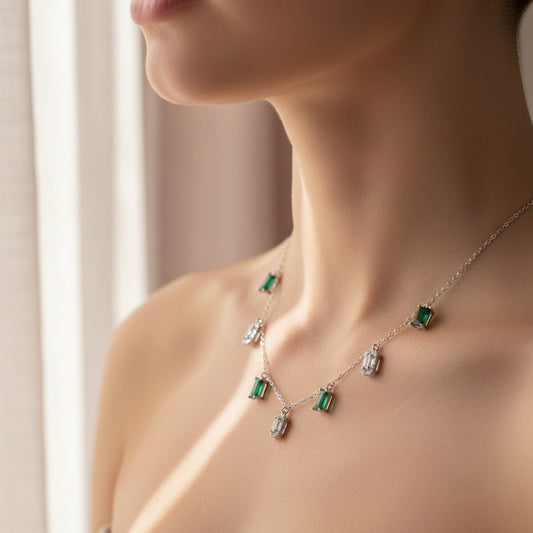 Silver Emerald and Cubic Zirconia Station Dangle Necklace