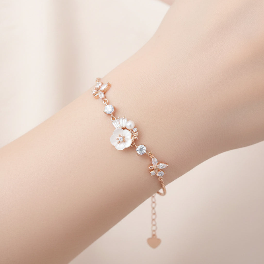 Rose gold Cute Whimsical Flower and Butterfly Bracelet for her
