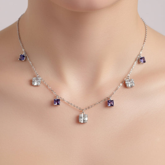 Silver Cushion Cut Purple Dangling Necklace