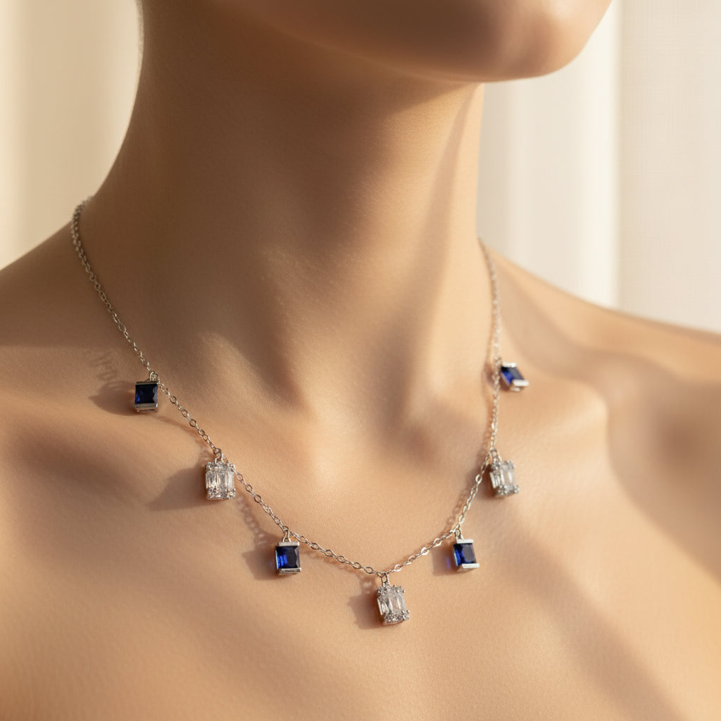 Silver Sapphire Blue Baguette Necklace