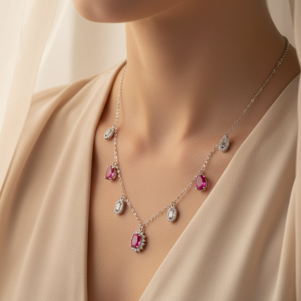 Silver Dainty Pink Dangle Necklace