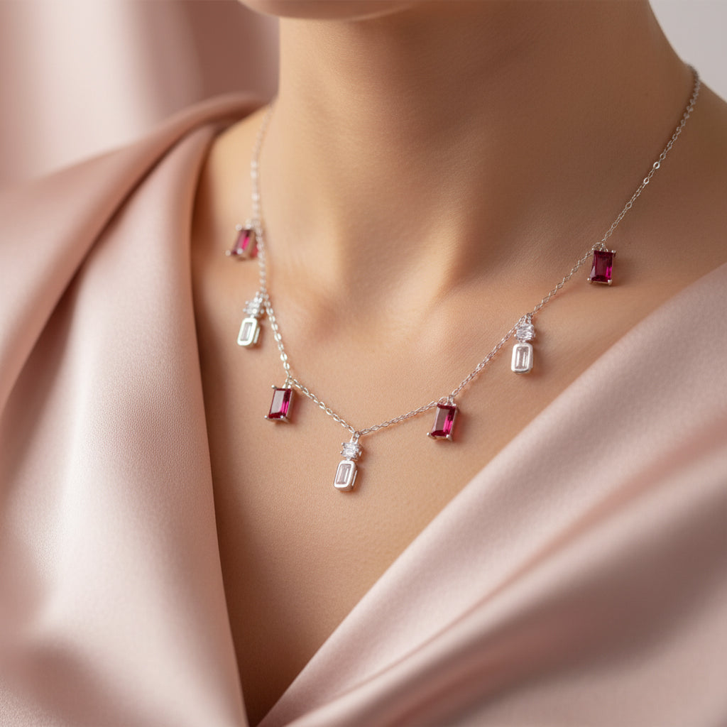 Silver Ruby Red Charms Necklace