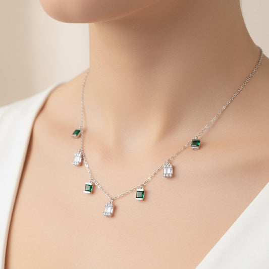 Silver Green Bar Pave Necklace