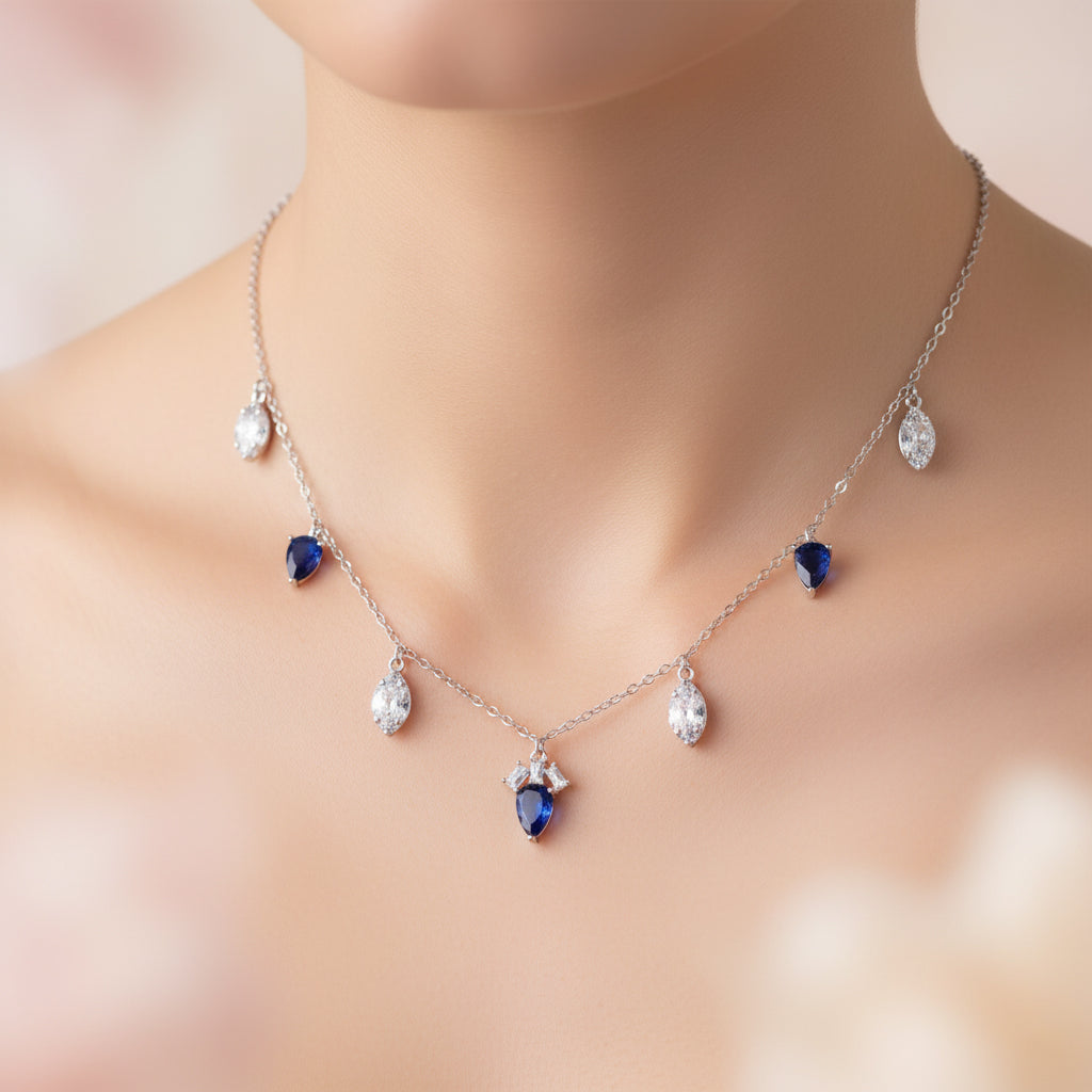 Silver Royal Regal Blue Bloom Necklace For Her
