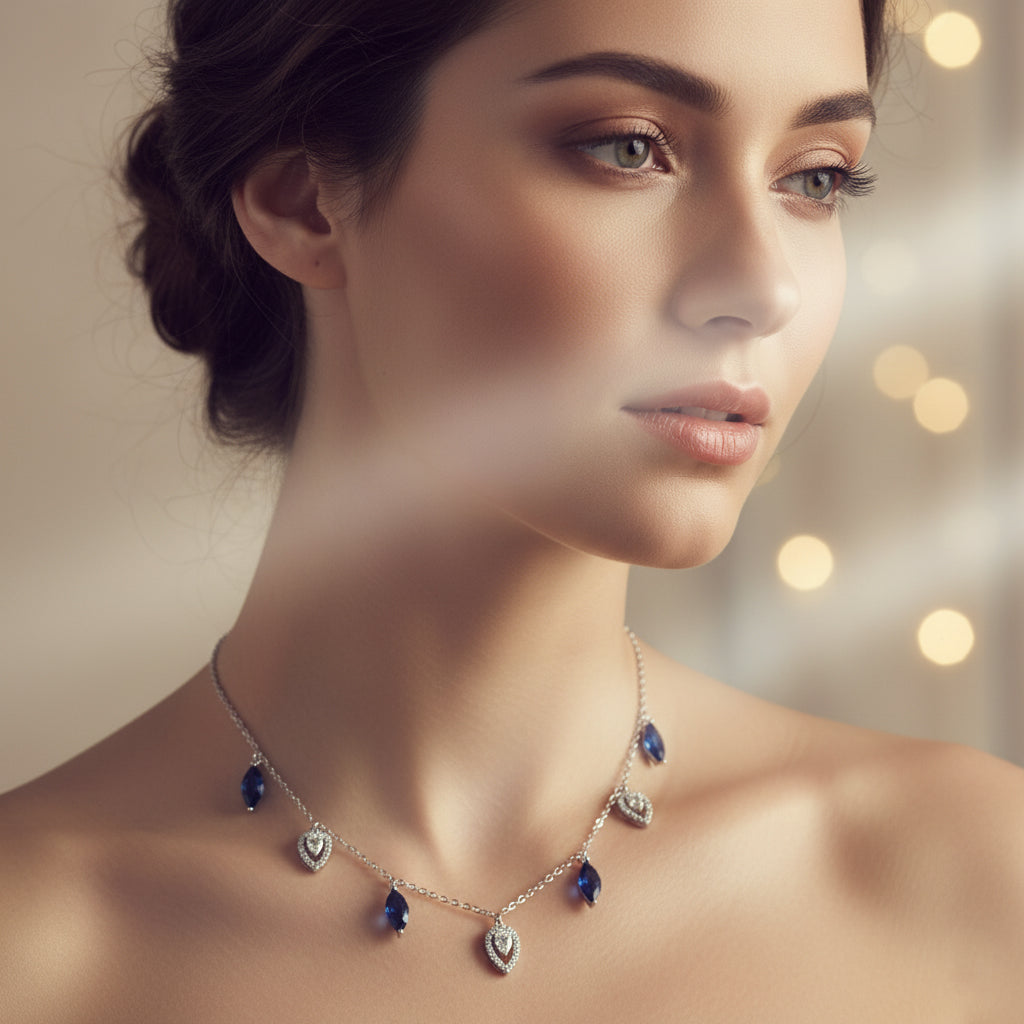 Silver Deep Blue Marquise & Teardrop Dangle Necklace for her