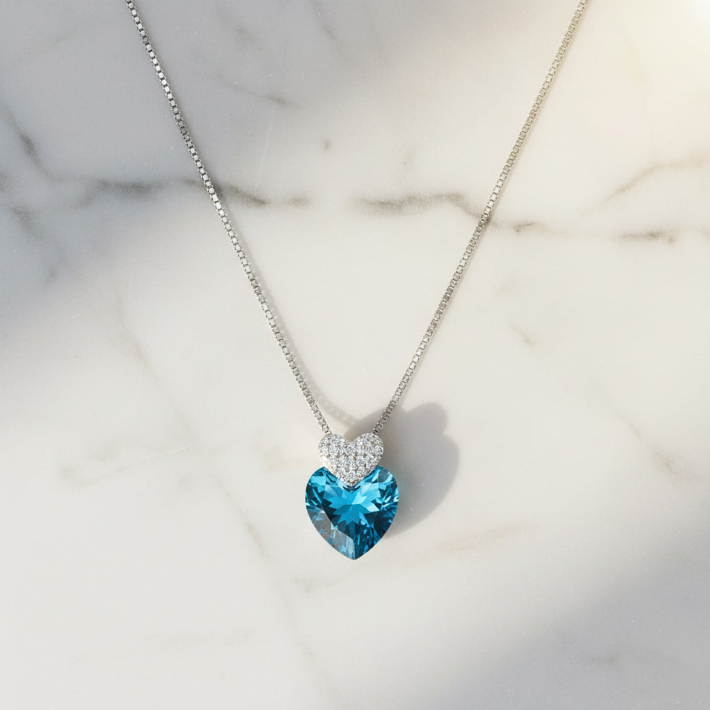 Silver Deep Blue Double Heart Pendant