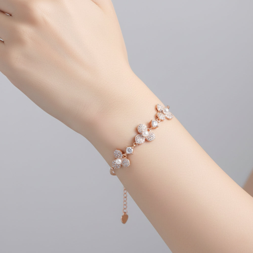 Silver Rose gold stylish Pearl Floral Chain Bracelet for her