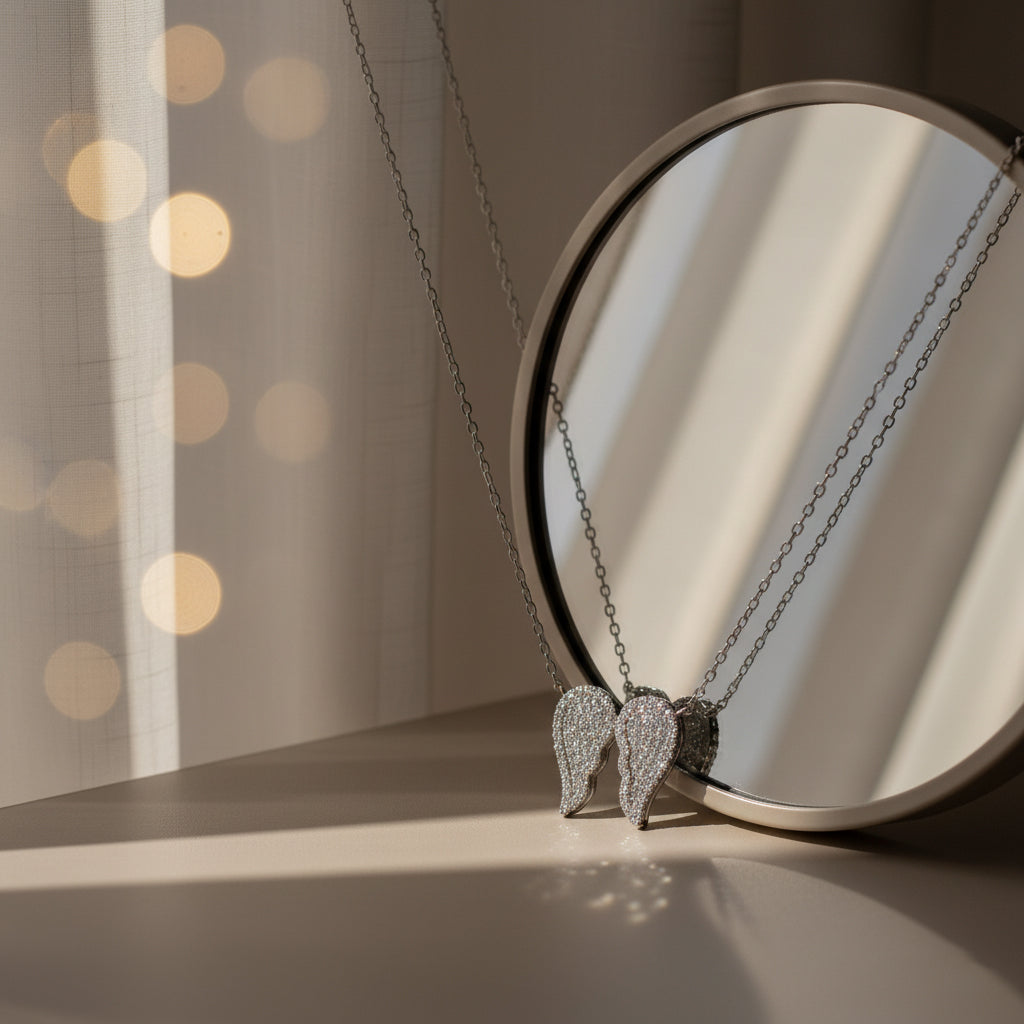 Silver Sparkling guardian angel wings chain pendant for her