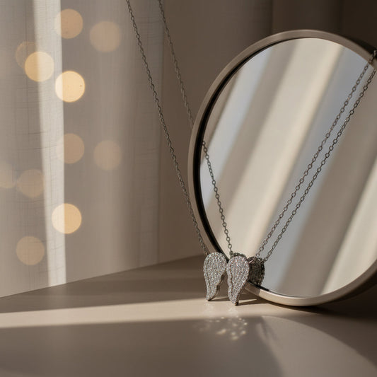 Silver Sparkling guardian angel wings chain pendant for her