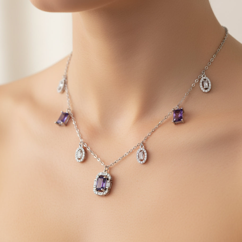 Silver Amethyst Hued Dangle Necklace