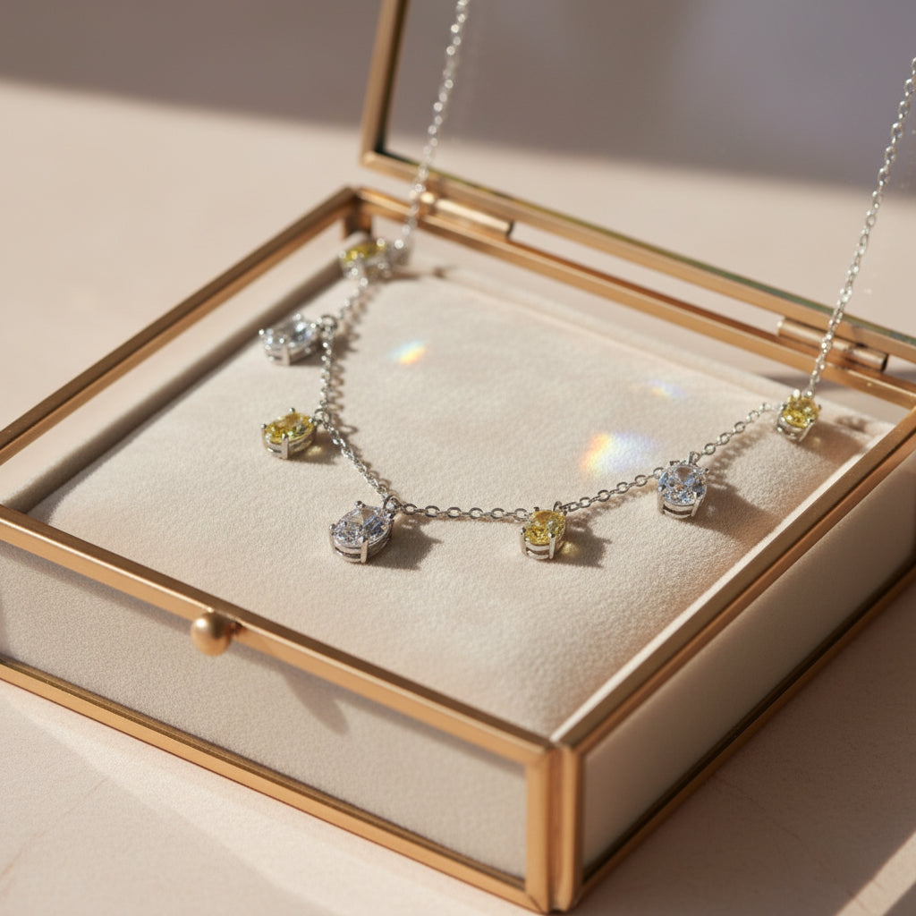 Silver Oval yellow and White stone charms Necklace