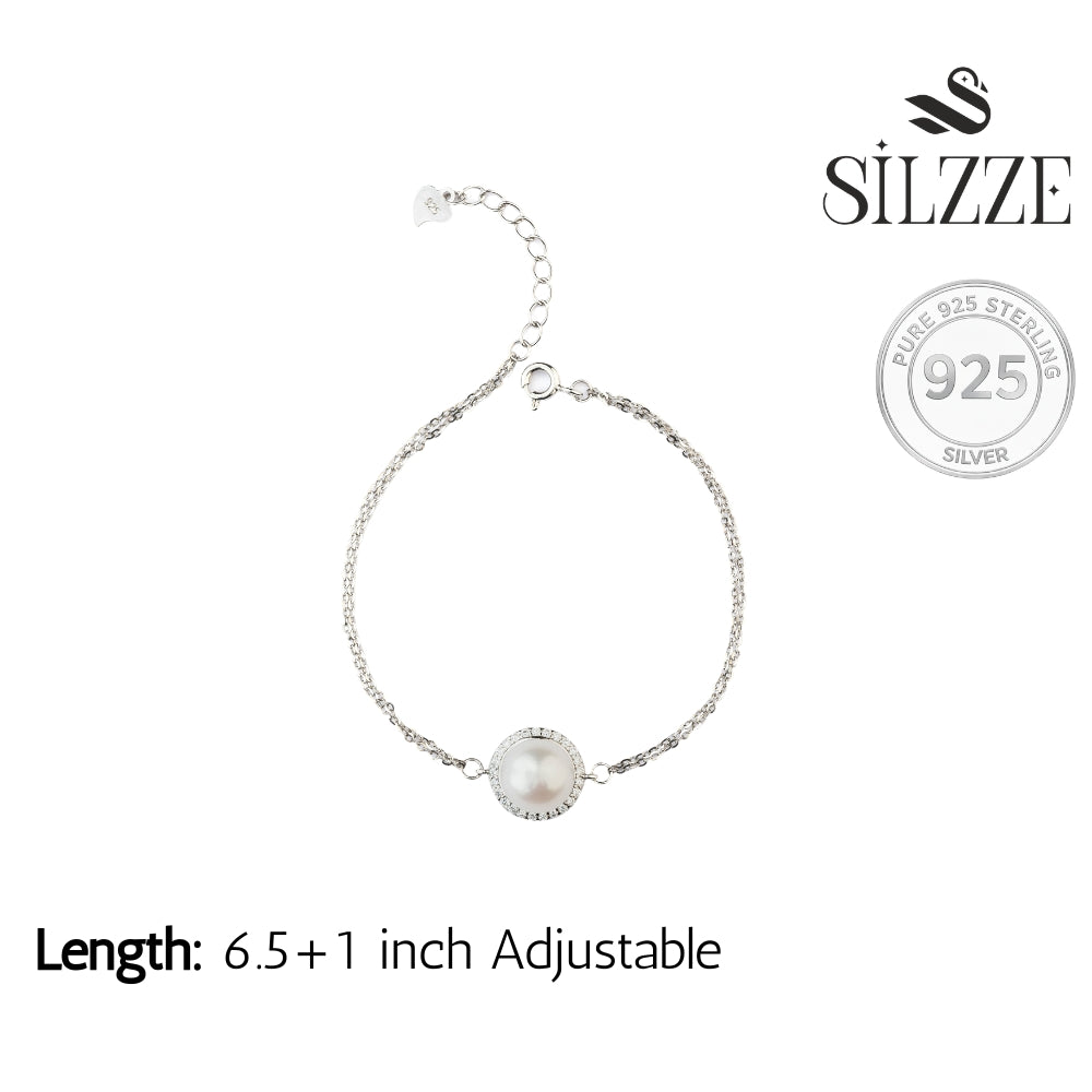 Sterling Silver Radiant Halo Pearl Double-Chain Bracelet