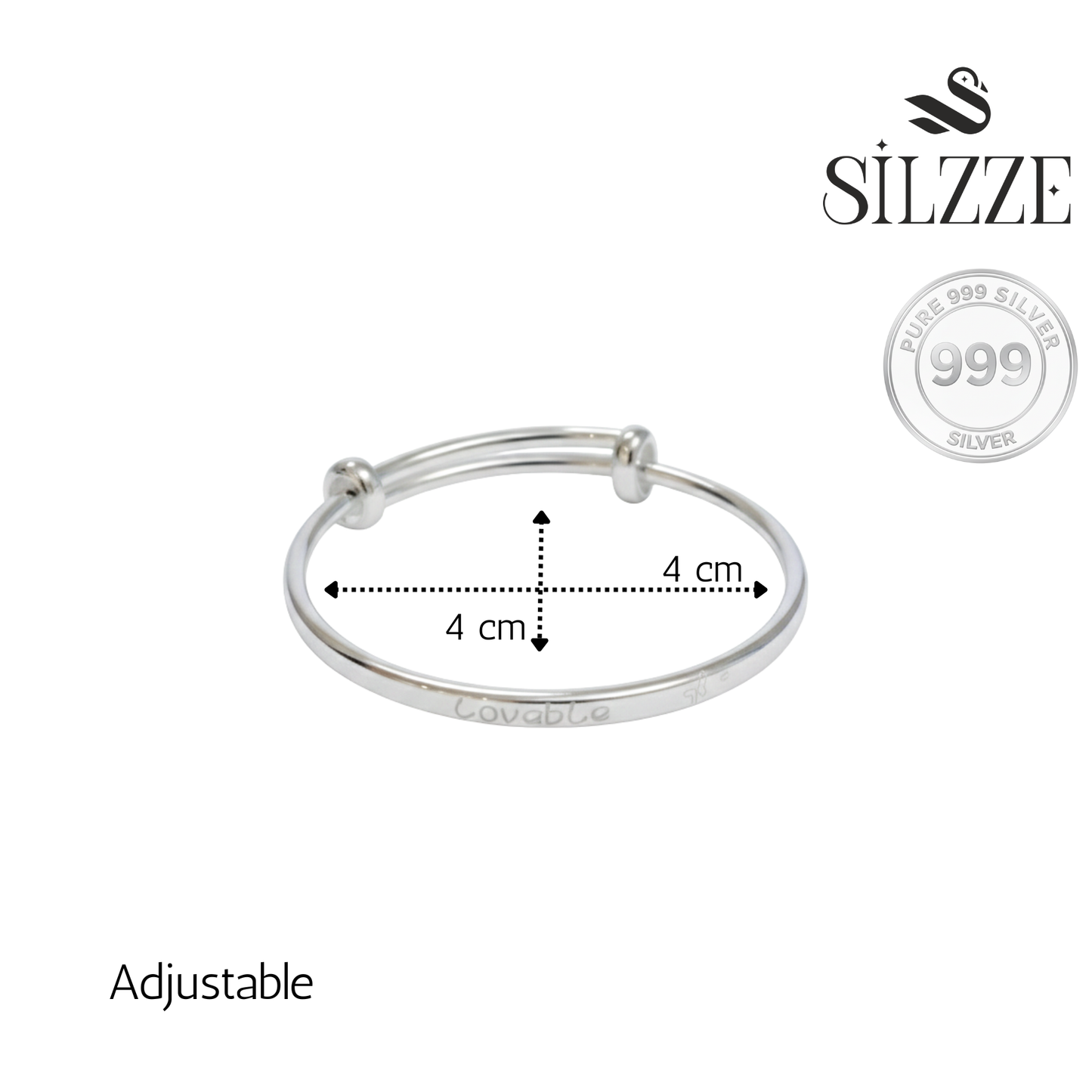 Silver "Loveable" Engraved Adjustable Baby Kada