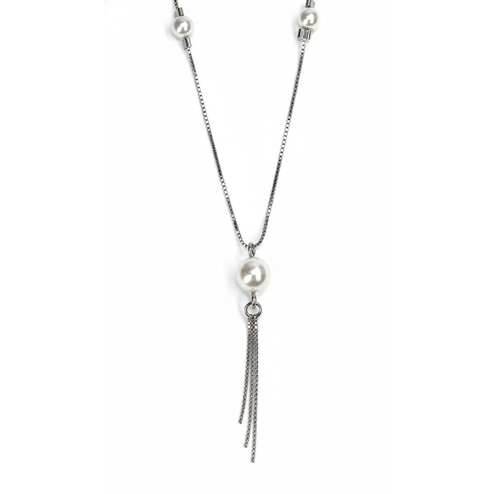 Silver Minimalist Pearl Drop Lariat Chain