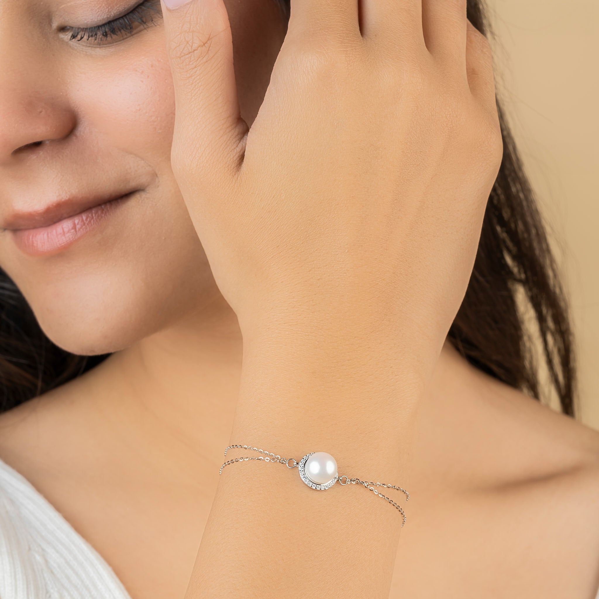 Sterling Silver Radiant Halo Pearl Double-Chain Bracelet