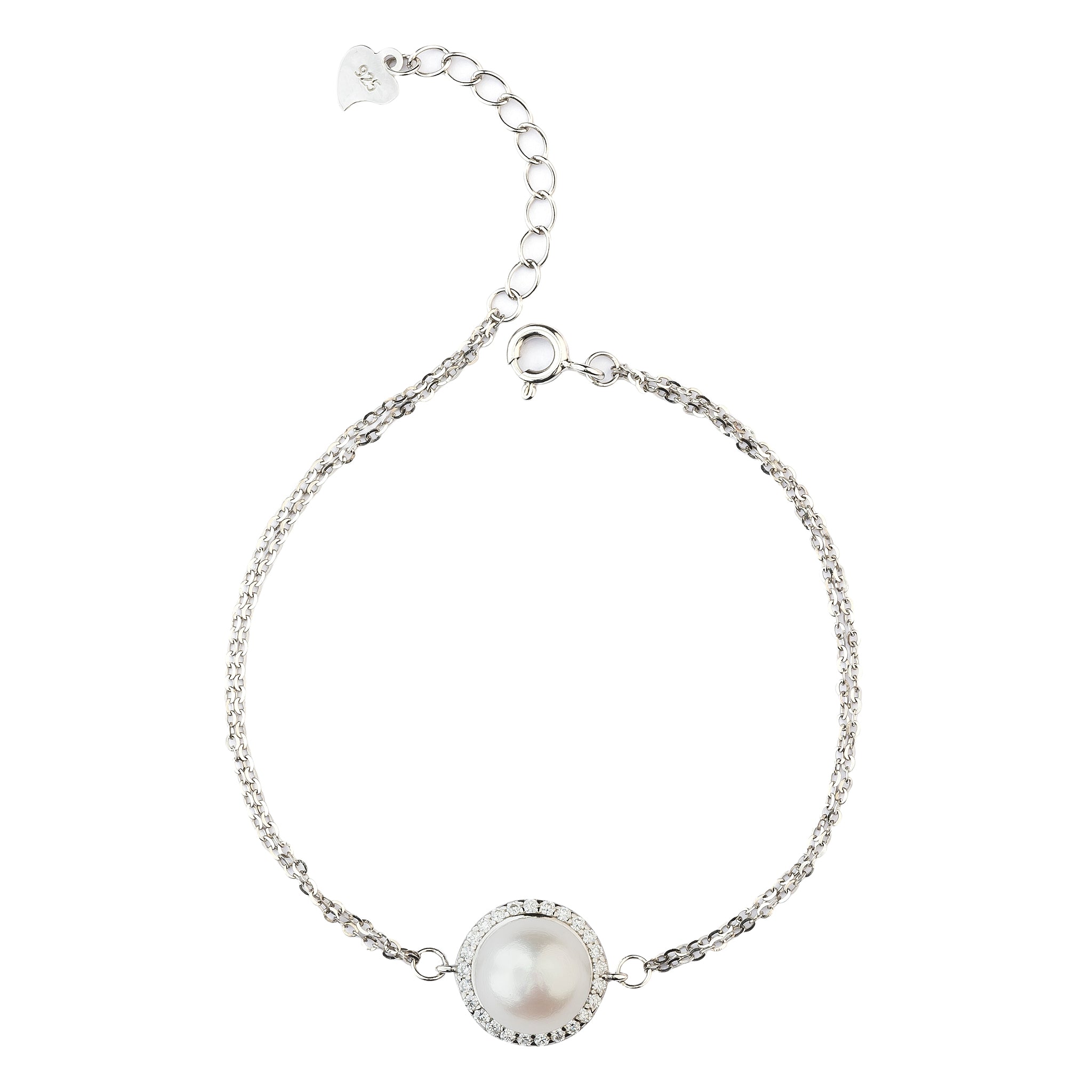 Sterling Silver Radiant Halo Pearl Double-Chain Bracelet