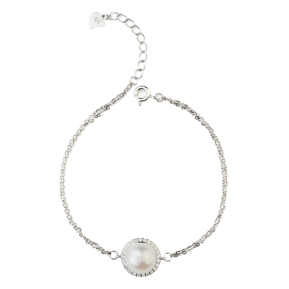 Sterling Silver Radiant Halo Pearl Double-Chain Bracelet