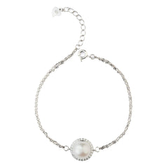 Sterling Silver Radiant Halo Pearl Double-Chain Bracelet