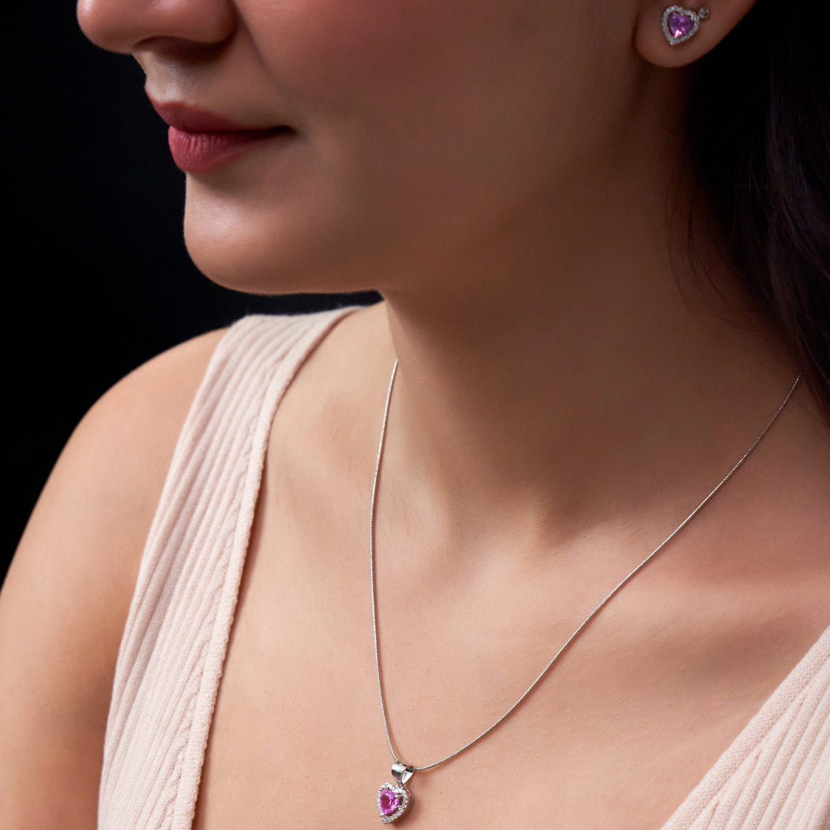 Silver Cute Pink Hearted Pendant Set for her