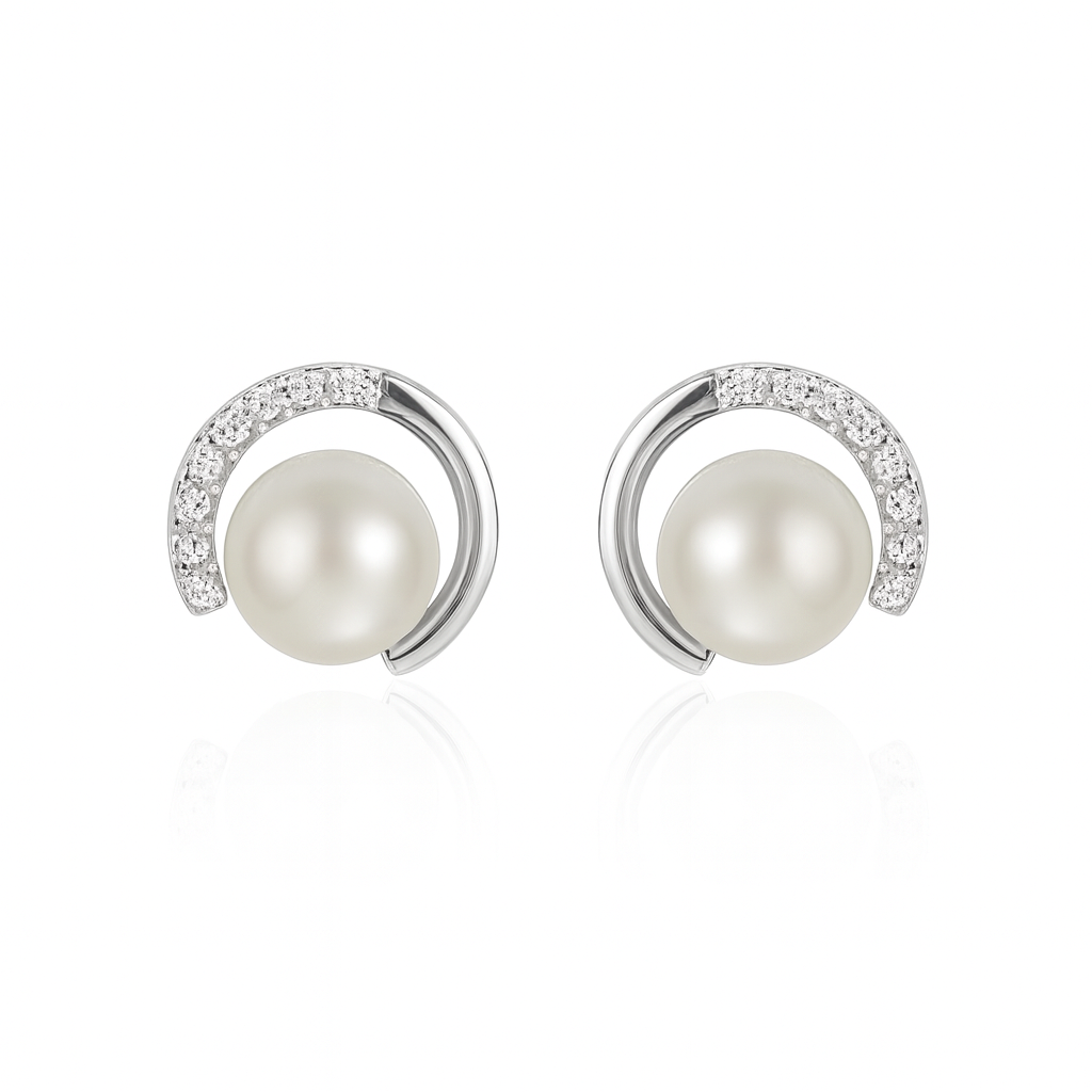 Silver Classy Pearl with Zircons Studs earrings