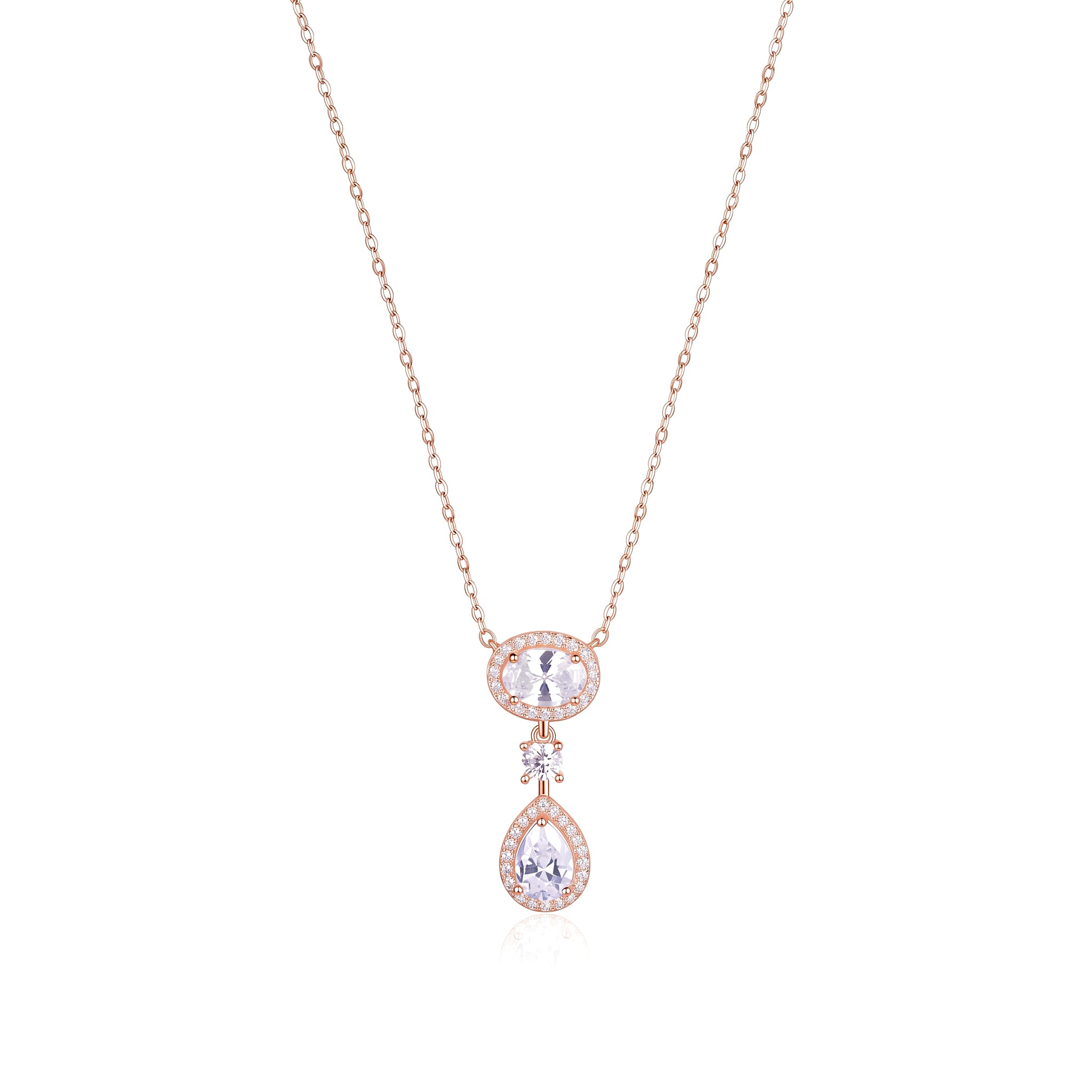Rose gold plated 925 sterling silver necklace featuring a double drop pendant with a micro-pave halo surrounding brilliant oval and pear-cut clear gemstones on a delicate link chain